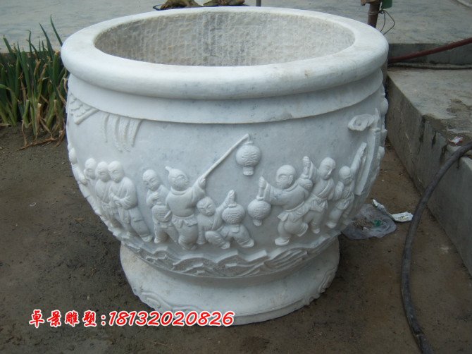 漢白玉花盆雕塑，白色石頭花盆 (2)