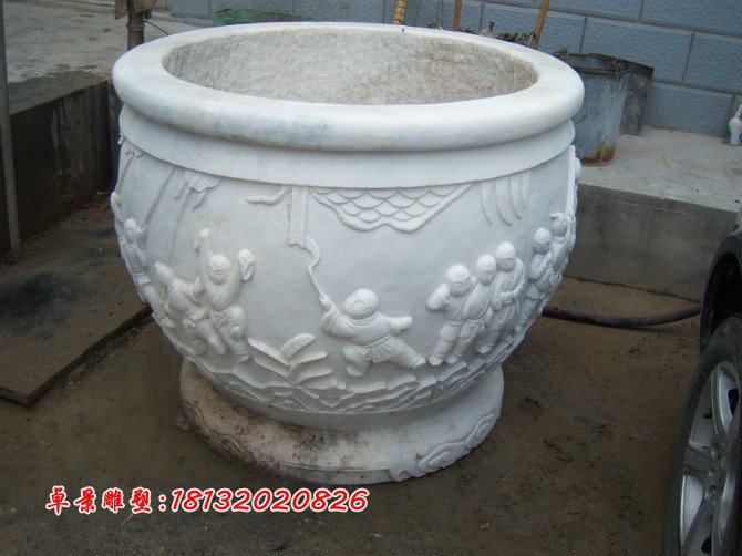 漢白玉花盆雕塑，白色石頭花盆 (1)