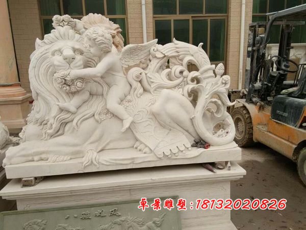 獅子與小天使石雕，漢白玉獅子和小天使雕塑
