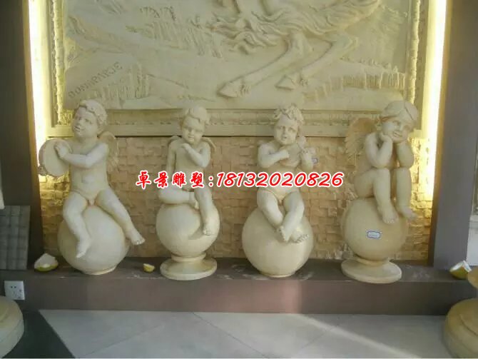 小天使石雕，漢白玉西方小孩雕塑