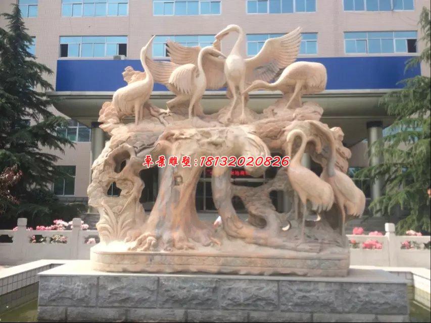 仙鶴石雕，晚霞紅丹頂鶴雕塑