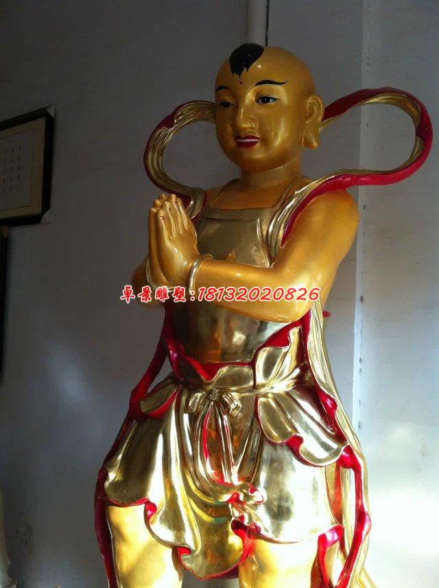 玻璃鋼善財童子雕塑，玻璃鋼彩繪貼金雕塑
