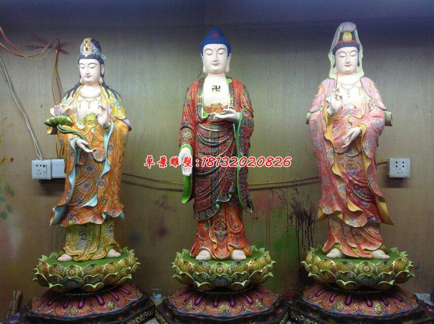 西方三圣雕塑，玻璃鋼彩繪佛像雕塑
