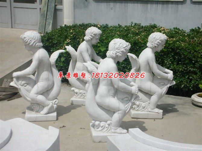 漢白玉人物雕塑，小孩騎魚石雕