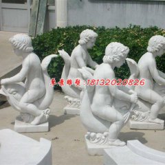 漢白玉人物雕塑，小孩騎魚石雕