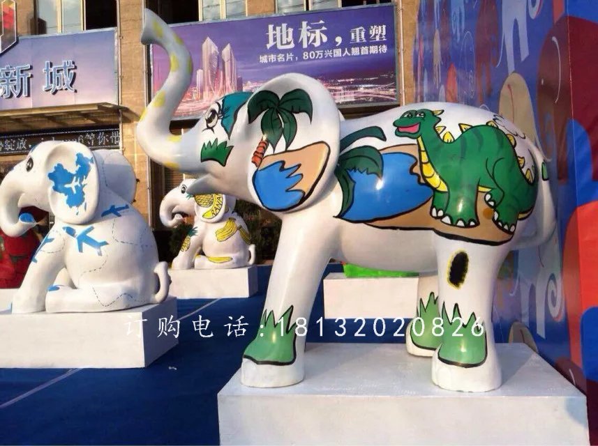 玻璃鋼大象，玻璃鋼彩繪動物雕塑