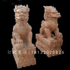 踩球麒麟石雕，晚霞紅麒麟雕塑