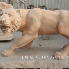 石雕老虎，公園晚霞紅老虎石雕
