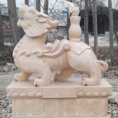 福星高照貔貅雕塑，晚霞紅神獸石雕