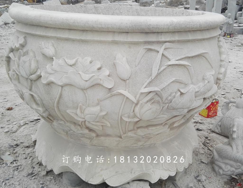 荷花與鳥(niǎo)花盆雕塑，水缸石雕 (3)