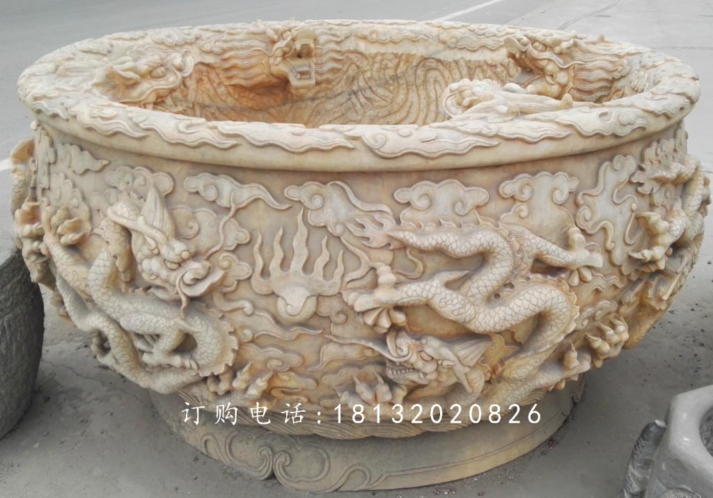 晚霞紅水缸石雕，龍浮雕水缸 (3)
