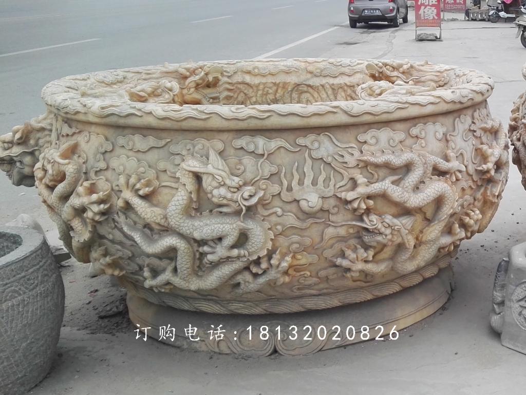 晚霞紅水缸石雕，龍浮雕水缸 (2)