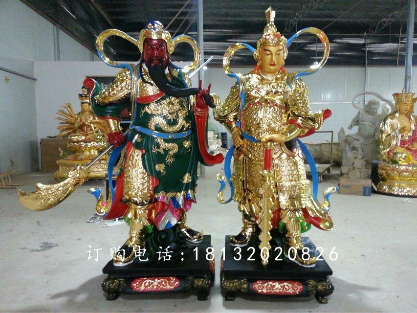 玻璃鋼貼金關(guān)公雕塑，玻璃鋼貼金韋陀雕塑