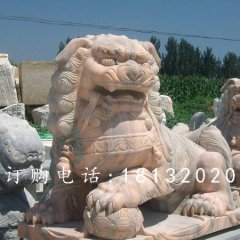 獅子滾繡球石雕，晚霞紅獅子雕塑