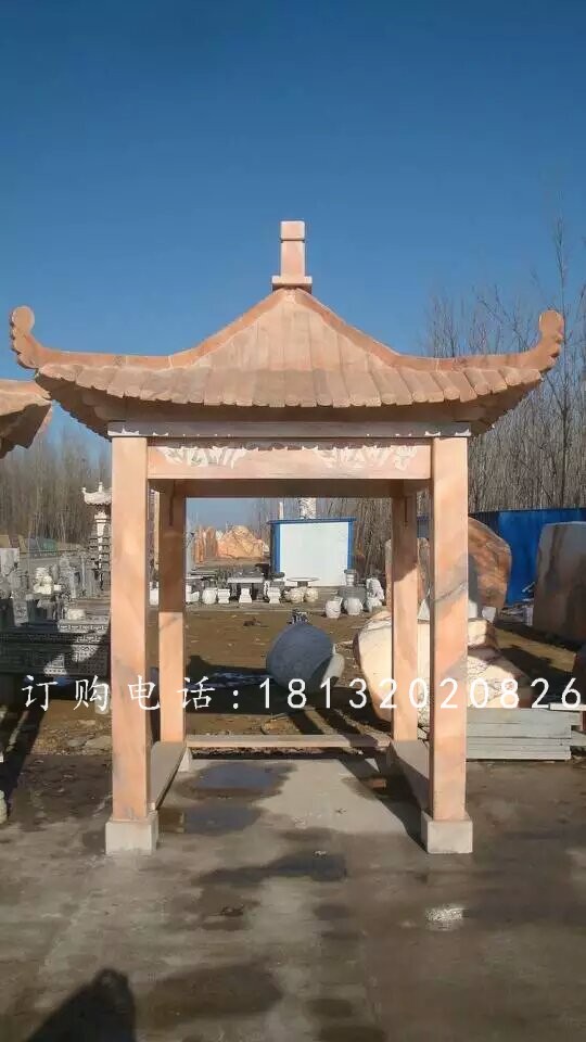 石方亭雕塑，晚霞紅石雕涼亭