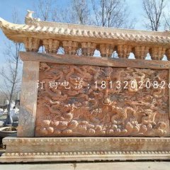 九龍影壁雕塑，晚霞紅石雕影壁
