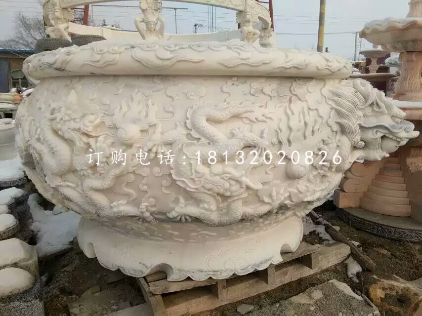 龍浮雕水缸雕塑，漢白玉石雕水缸