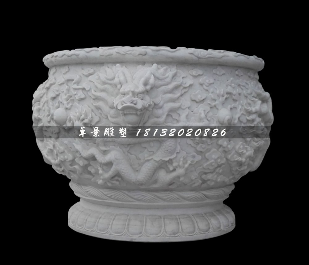 圓形石水缸，漢白玉龍浮雕水盆 (2)