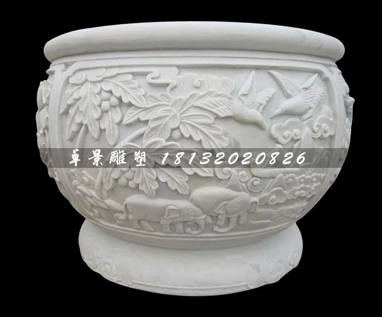 白色石頭水缸，漢白玉石水缸