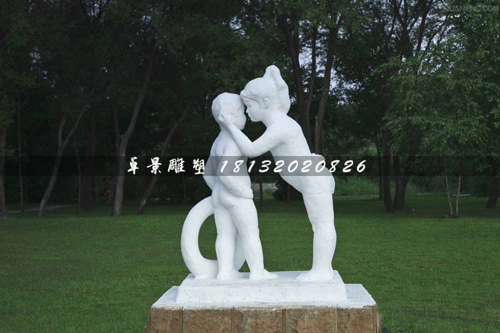 姐弟倆雕塑，漢白玉人物石雕 (2)