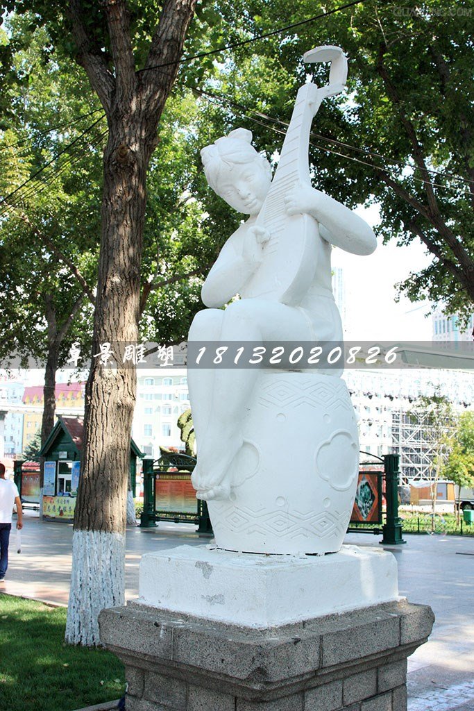 小女孩彈琵琶石雕，公園景觀石雕 (2)