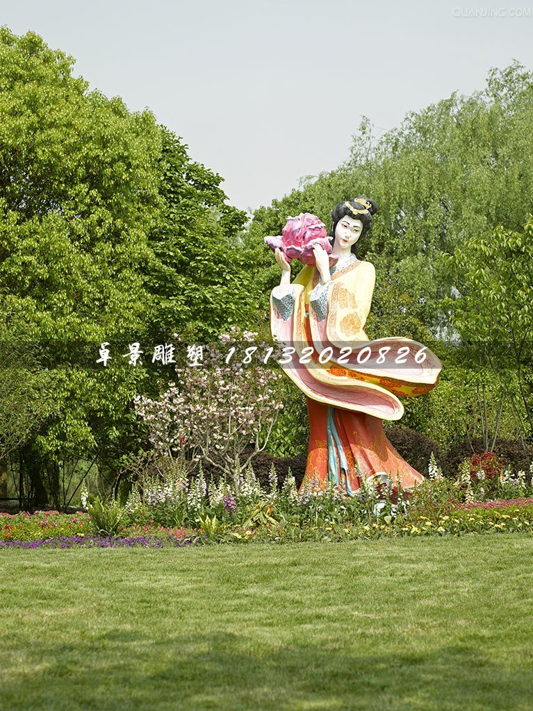 古代美女采花雕塑，玻璃鋼仿真人物雕塑