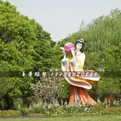 古代美女采花雕塑，玻璃鋼仿真人物雕塑