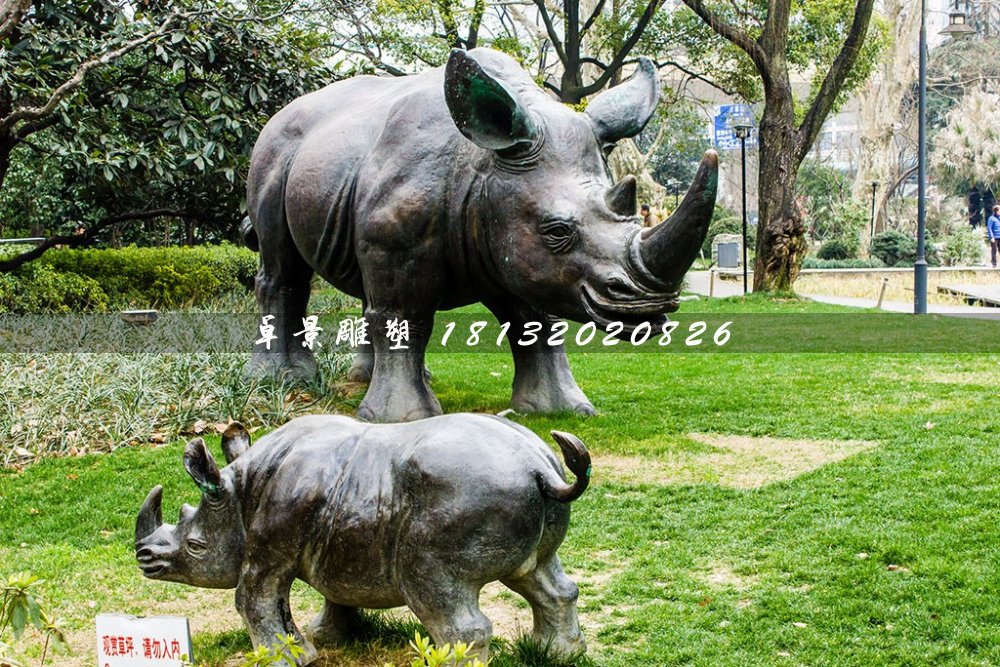 母子犀牛銅雕,公園動物銅雕