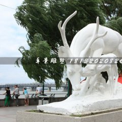 母子鹿石雕，漢白玉動物雕塑