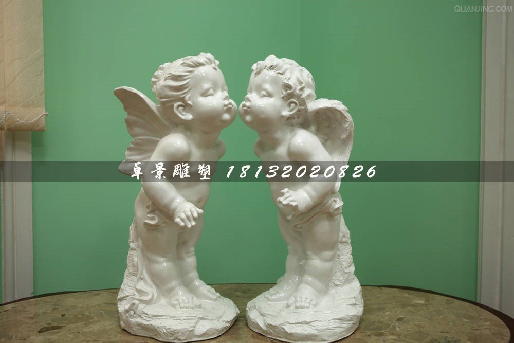 親吻小天使石雕，漢白玉小孩石雕