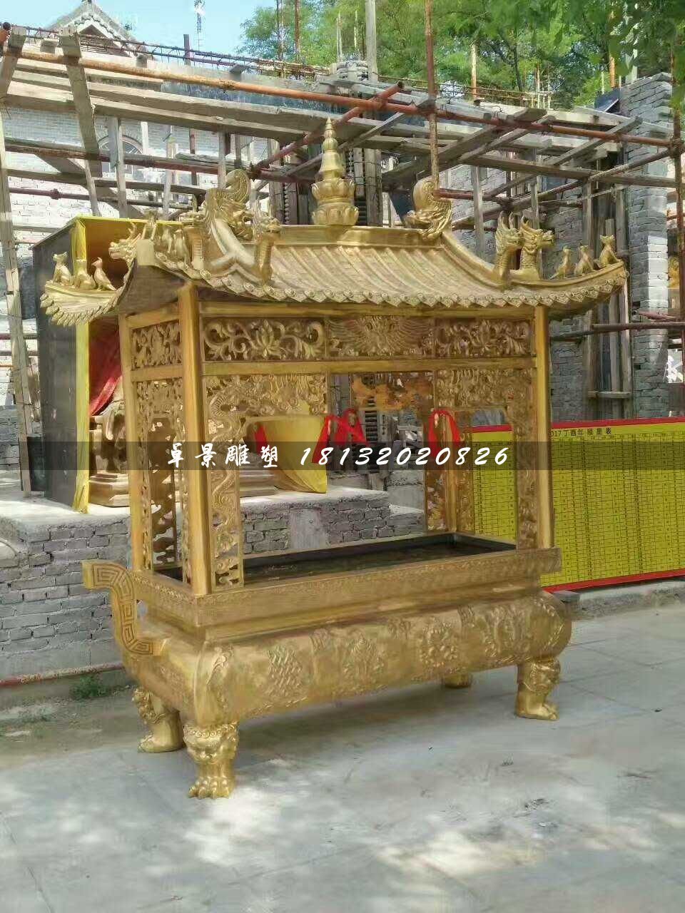 方形香爐銅雕，寺廟銅香爐 (2)