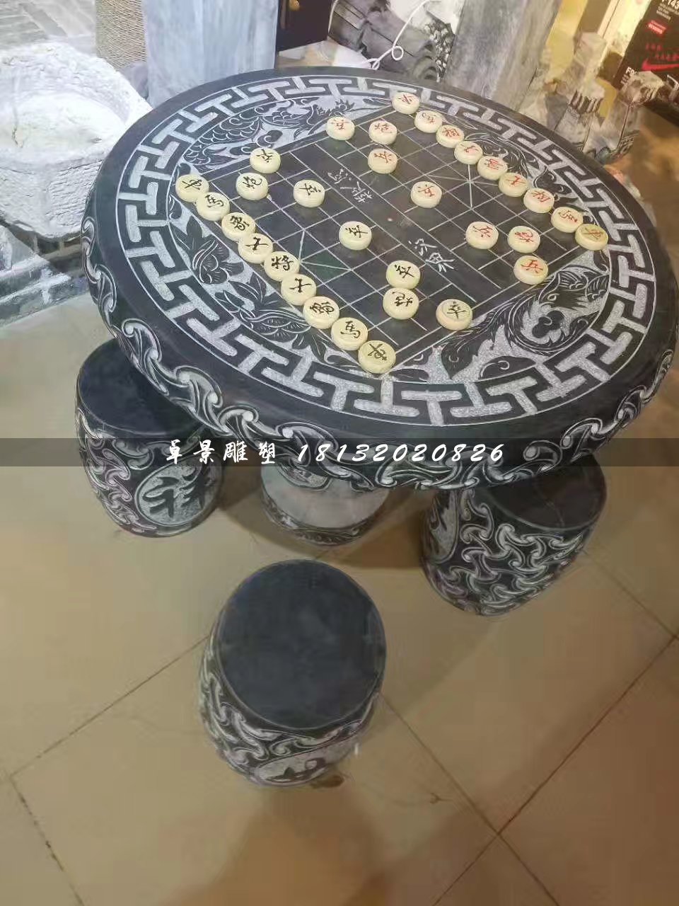 象棋桌石雕，青石仿古桌椅