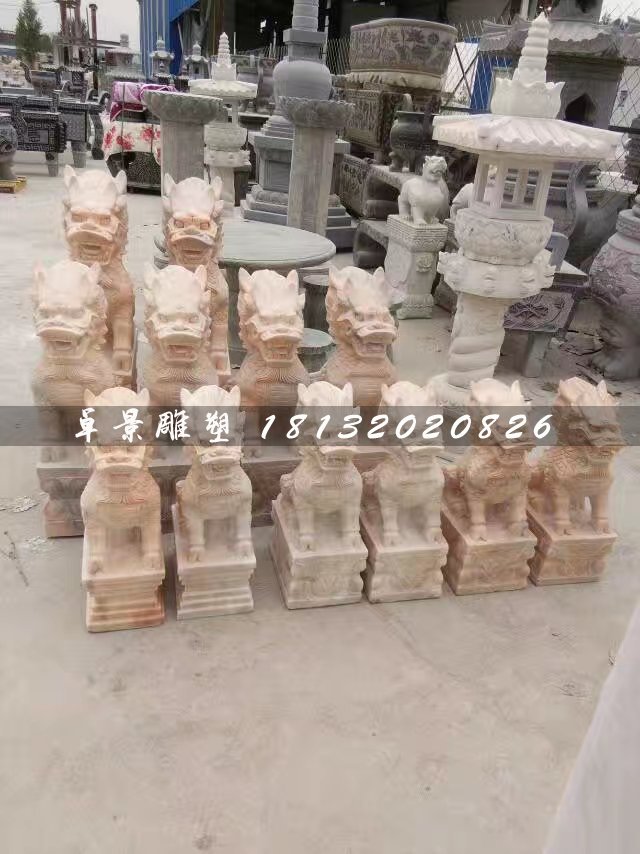 小型麒麟石雕,晚霞紅麒麟雕塑 (1)