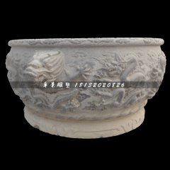 龍浮雕水缸，青石水缸