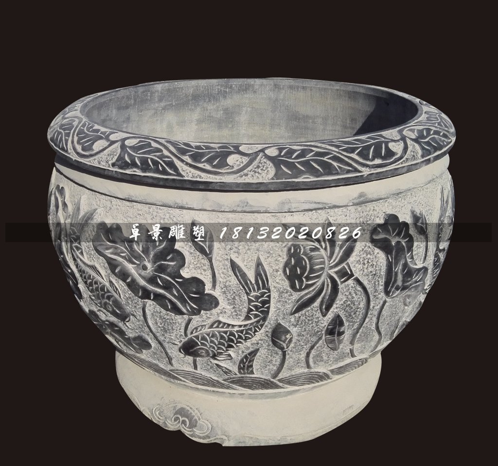 青石荷花魚(yú)水盆，仿古石水缸 (2)