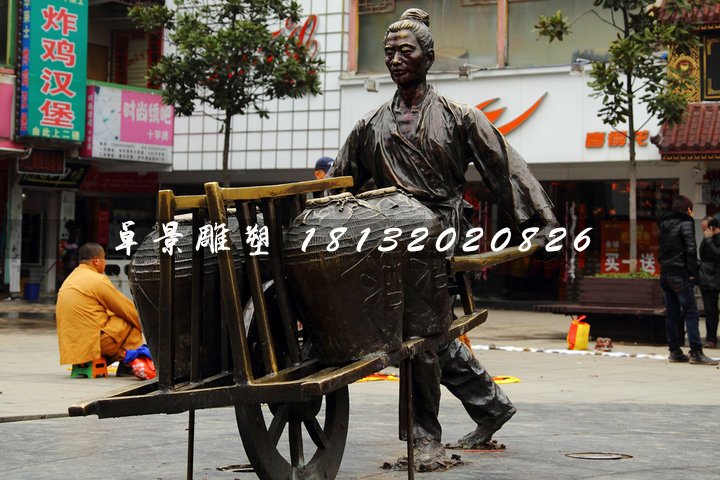 獨(dú)輪車銅雕，街頭古代人物雕塑