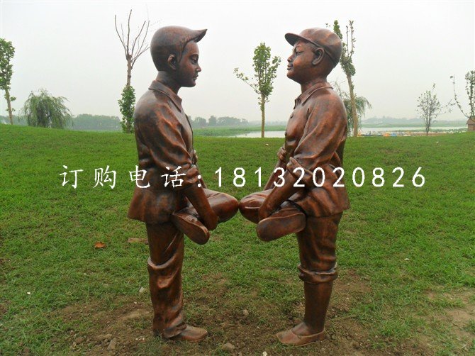 小孩斗雞銅雕，公園人物雕塑