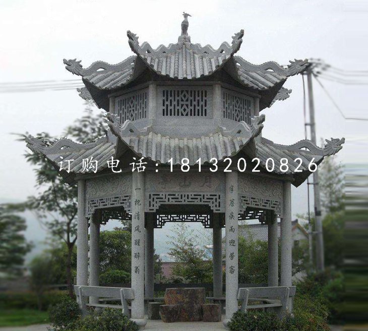 八角涼亭石雕，青石涼亭雕塑