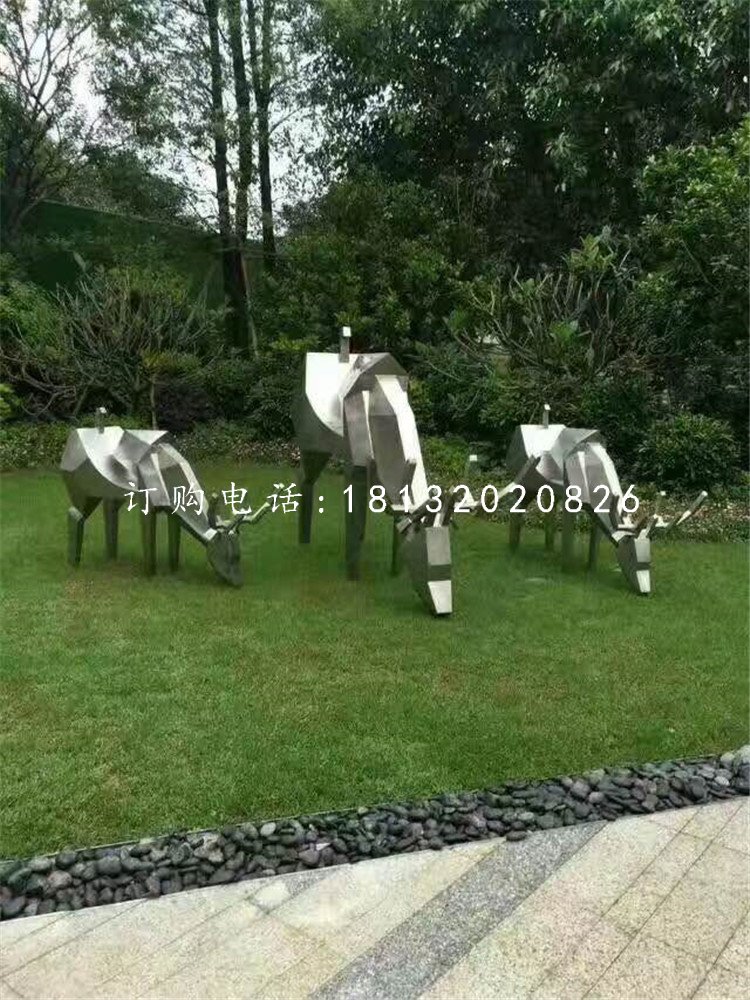 小鹿吃草雕塑，不銹鋼動(dòng)物 (3)