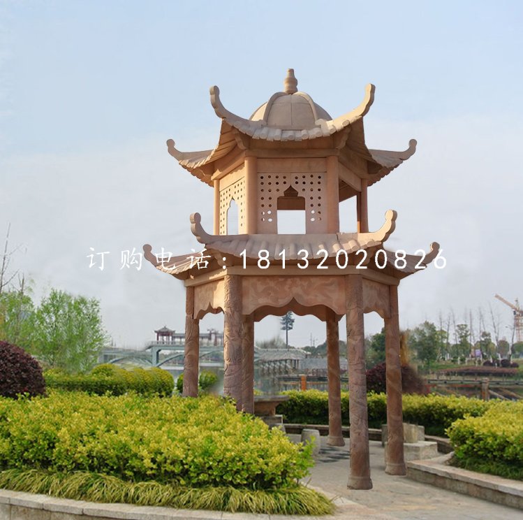 公園石亭子，晚霞紅雙層涼亭