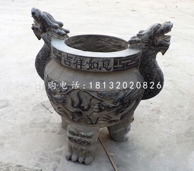 三足香爐石雕,青石圓形香爐