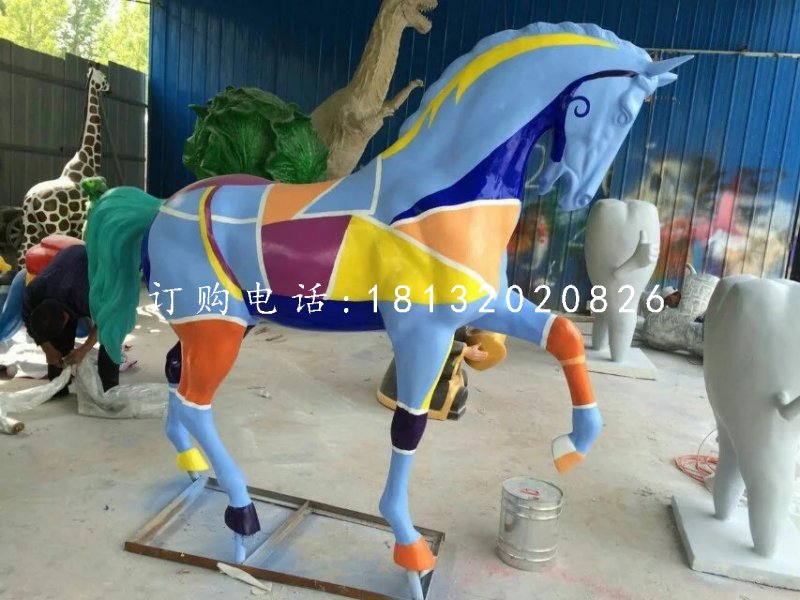 玻璃鋼彩繪馬雕塑，公園動物雕塑 (1)