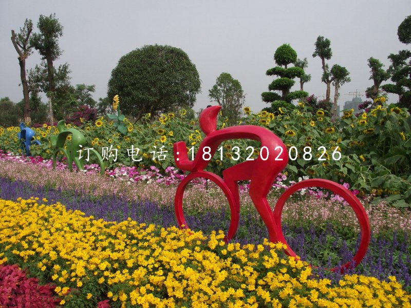 抽象人物騎車子雕塑，不銹鋼景觀雕塑