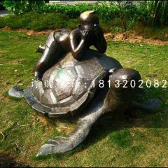 趴在烏龜上的小男孩銅雕，公園銅雕