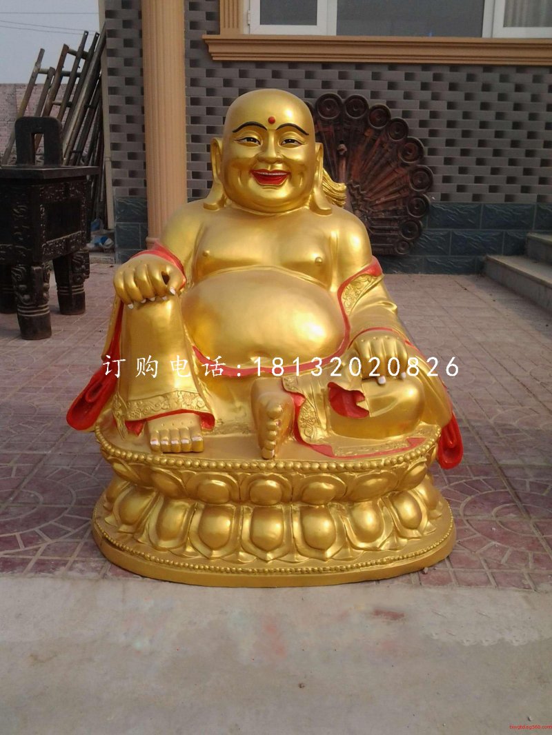 坐式彌勒佛雕塑，銅雕彩繪佛像