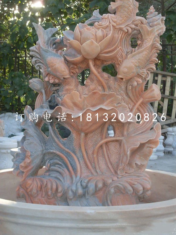 鯉魚荷花石雕，晚霞紅石雕