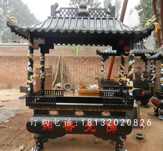 方形鐵香爐雕塑，寺廟鐵香爐雕塑