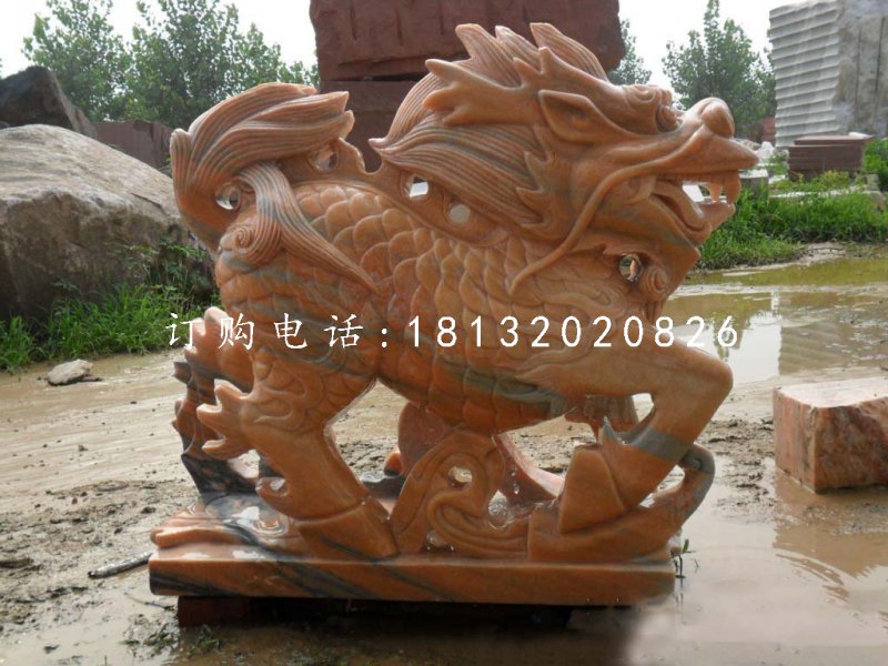 古代神獸石雕，晚霞紅麒麟雕塑 (1)