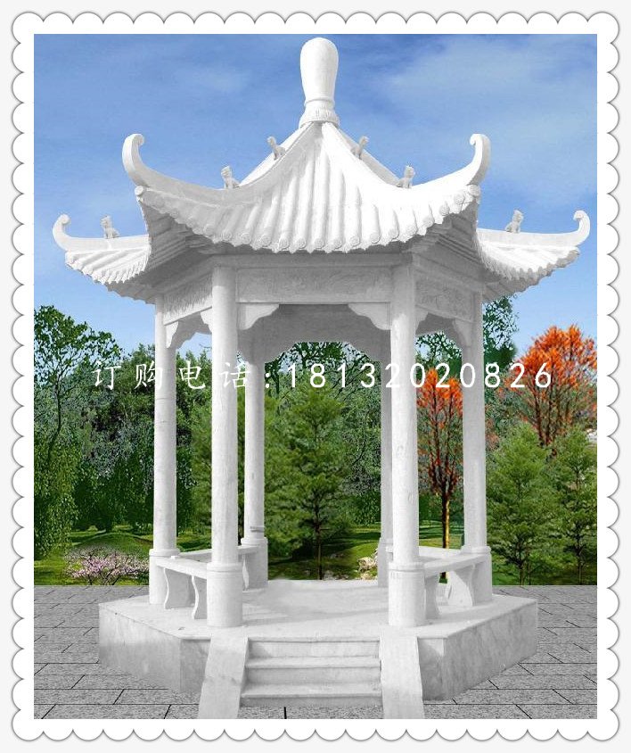 漢白玉六角石涼亭，公園涼亭石雕