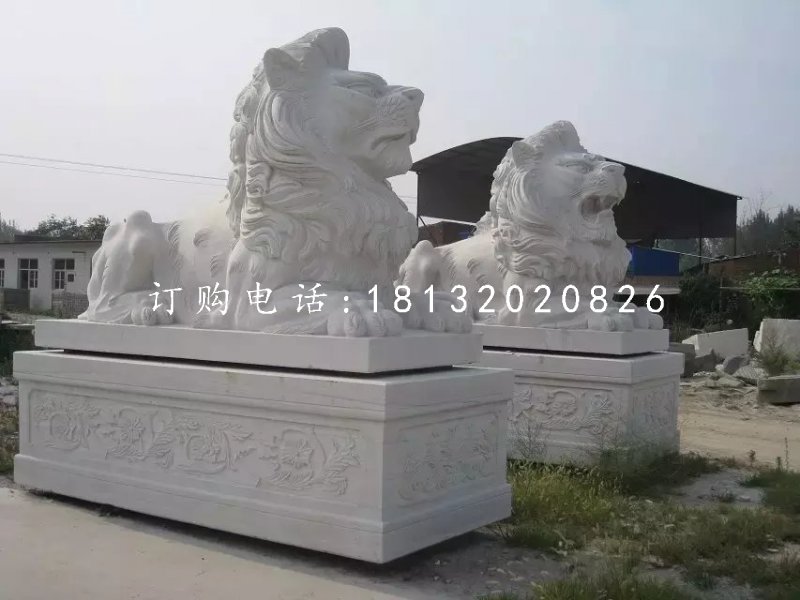 漢白玉西洋獅石雕，趴著的獅子石雕